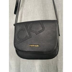 Calvin Klein Black Pebble Leather CK Logo Flap Crossbody Bag - Medium